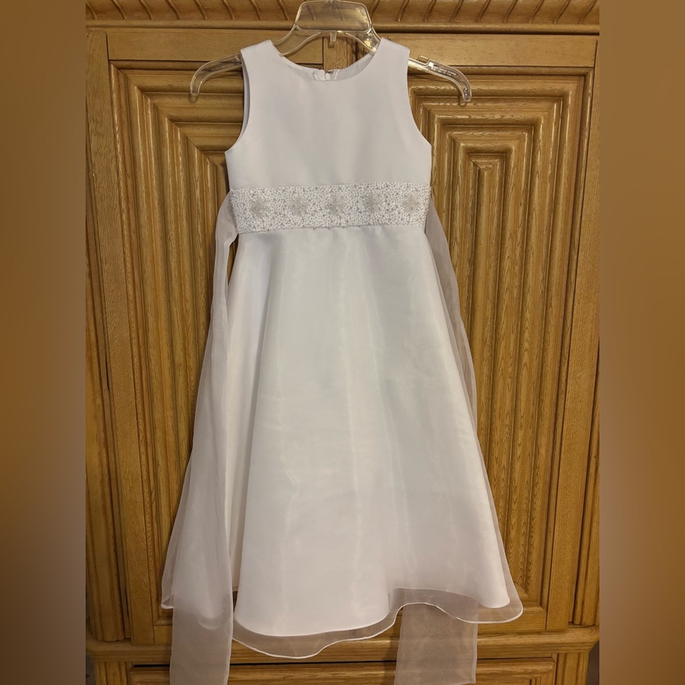 GIRLS Us Angels White Satin & Tulle Communion/Formal Dress with Beaded Waist